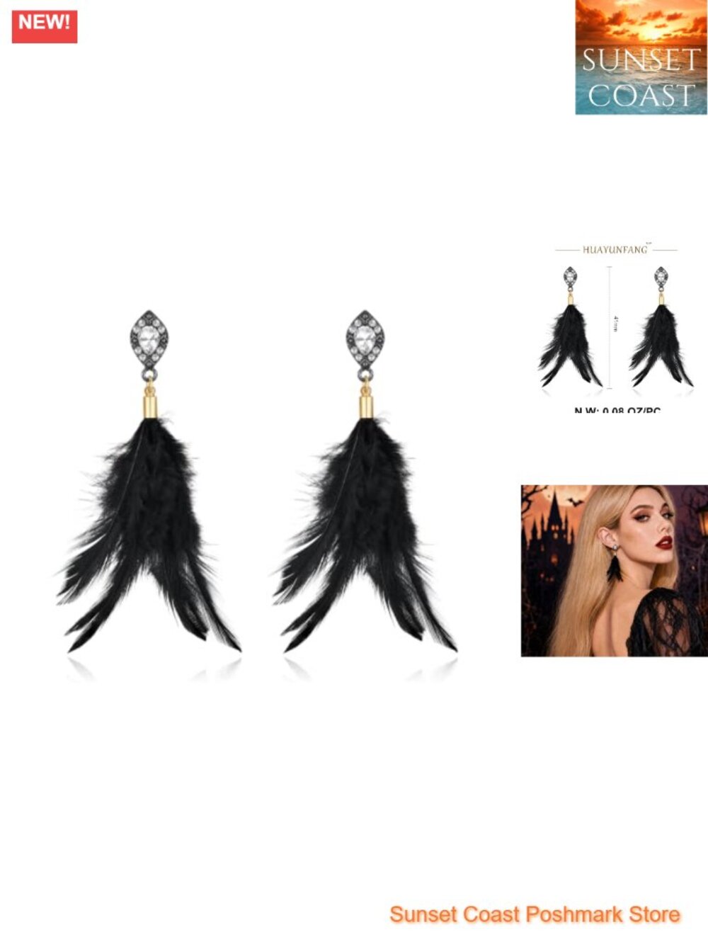 Gothic Feather Dangle Earrings Rhinestone Vampire Halloween Costume Jewelry